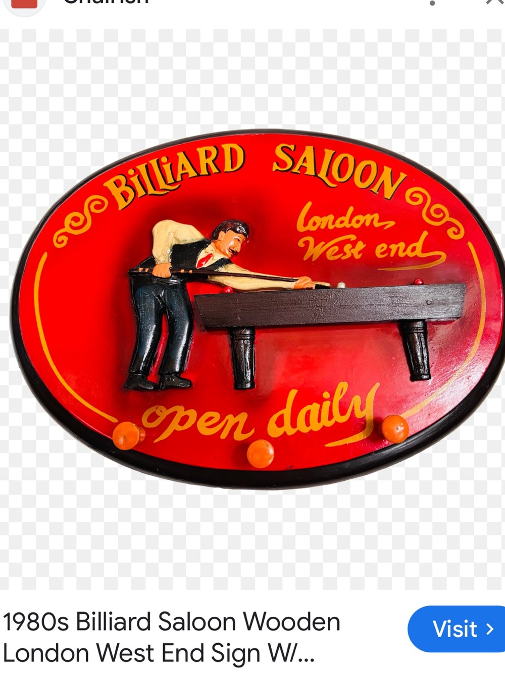 Vintage Billiard Saloon Wall Sign - Red & Yellow